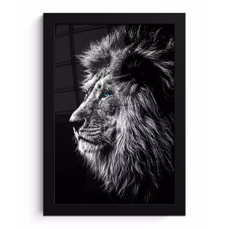 Zwart Wit - Leeuw - Kop - Dieren fotolijst zwart zonder passe partout klein -3d