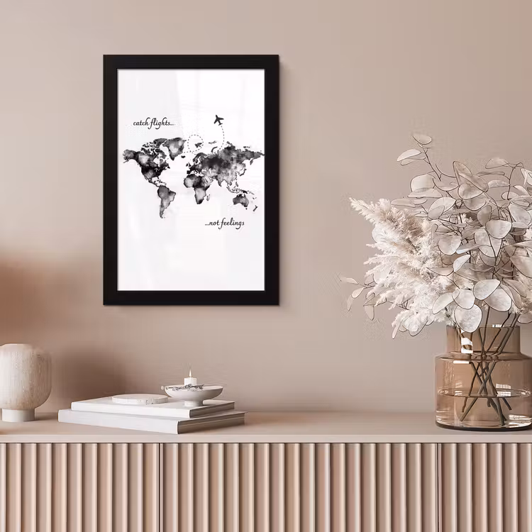 Zwart - Quote - Wereldkaart - Vliegen fotolijst zwart zonder passe partout klein -sfeer5