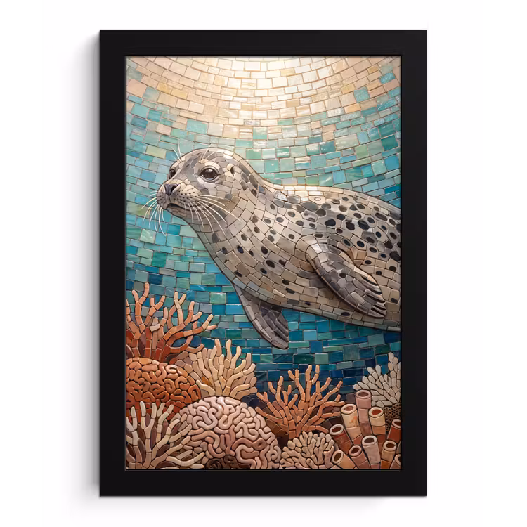 Zeehond - Mozaïek - Onderwater - Dieren - Blauw fotolijst zwart zonder passe partout klein -3d