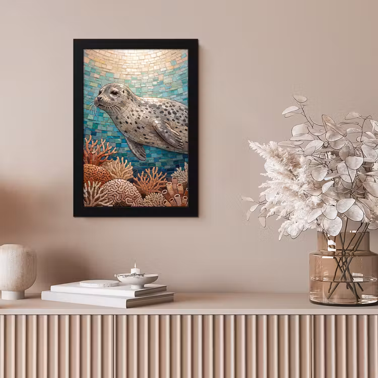 Zeehond - Mozaïek - Onderwater - Dieren - Blauw fotolijst zwart zonder passe partout klein -sfeer5