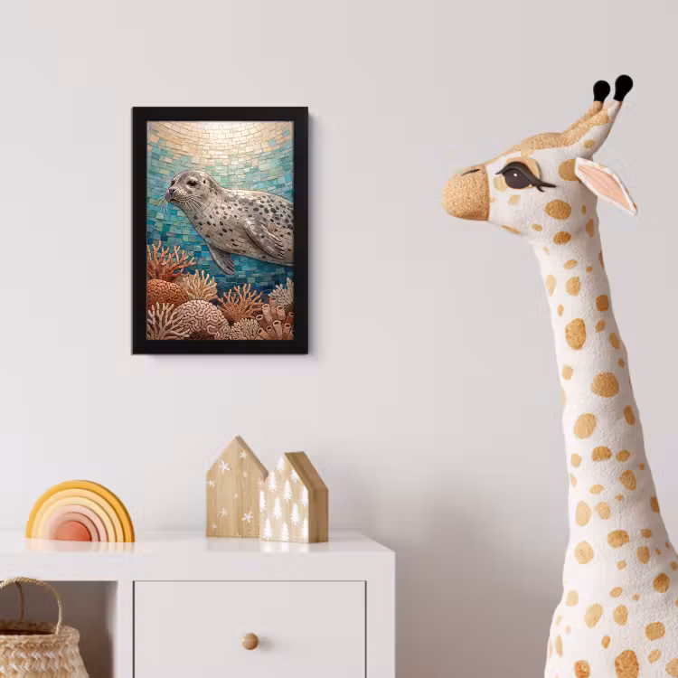 Zeehond - Mozaïek - Onderwater - Dieren - Blauw fotolijst zwart zonder passe partout klein -usfeer4_kinderkamer