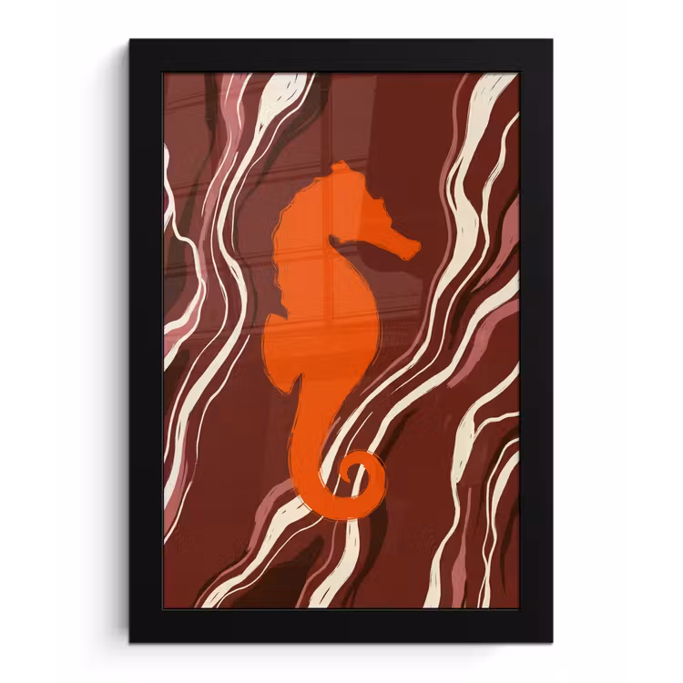 Zeepaardje - Golven - Zeeleven - Abstract - Oranje fotolijst zwart zonder passe partout klein -3d