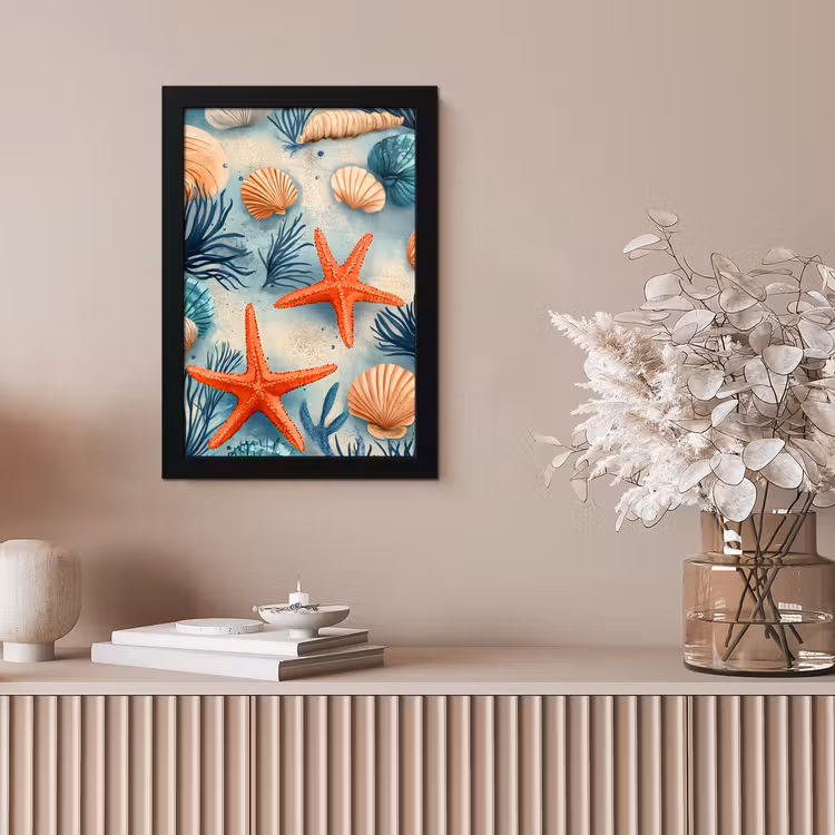 Zeesterren - Schelpen - Illustratie - Zand fotolijst zwart zonder passe partout klein -sfeer5