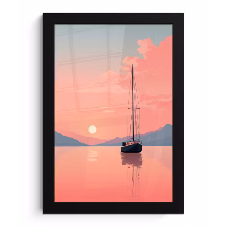 Zeilboot - Roze zee - Zonsondergang - Bergen fotolijst zwart zonder passe partout klein -3d