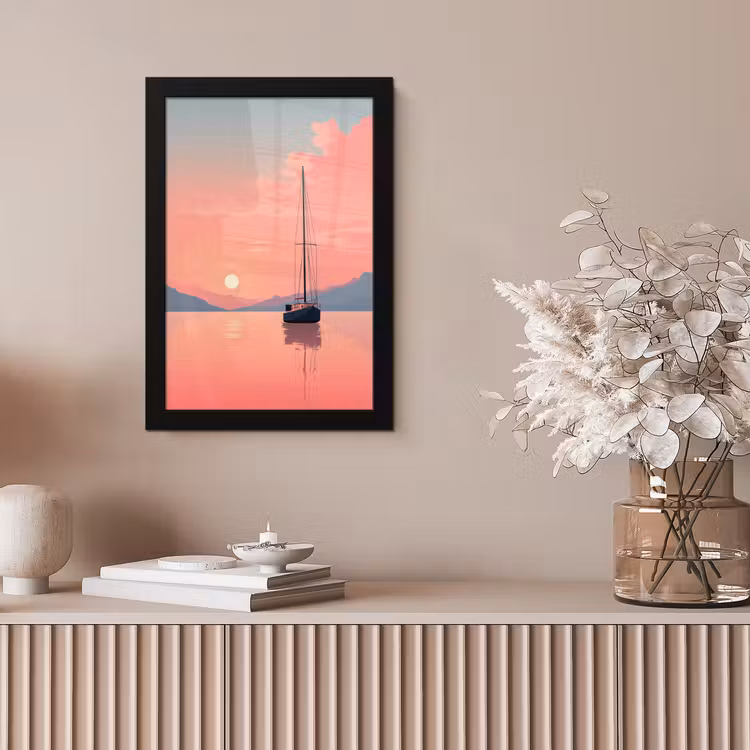 Zeilboot - Roze zee - Zonsondergang - Bergen fotolijst zwart zonder passe partout klein -sfeer5