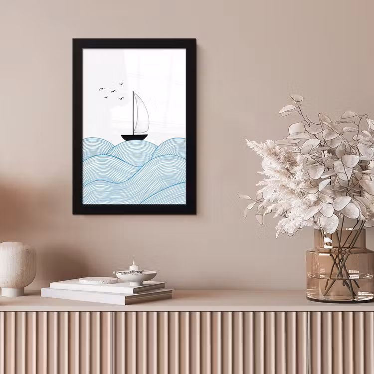 Zeilboot - Golven - Zee - Illustratie - Blauw fotolijst zwart zonder passe partout klein -sfeer5