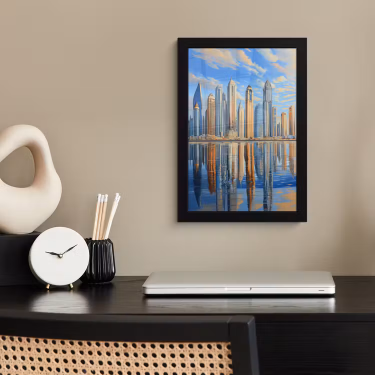 Skyline - Wolkenkrabbers - Water - Blauw fotolijst zwart zonder passe partout klein -sfeer1