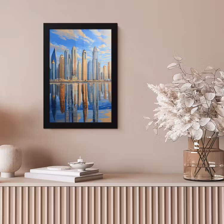Skyline - Wolkenkrabbers - Water - Blauw fotolijst zwart zonder passe partout klein -sfeer5