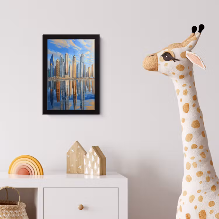 Skyline - Wolkenkrabbers - Water - Blauw fotolijst zwart zonder passe partout klein -usfeer4_kinderkamer
