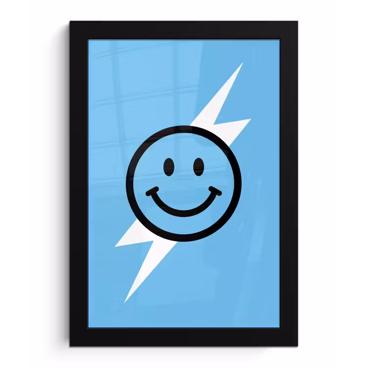Smiley - Blauw - Bliksem fotolijst zwart zonder passe partout klein -3d