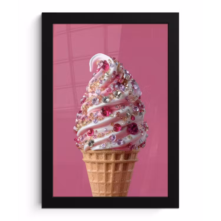 Softijs - Edelstenen - Roze - Hoorntje fotolijst zwart zonder passe partout klein -3d