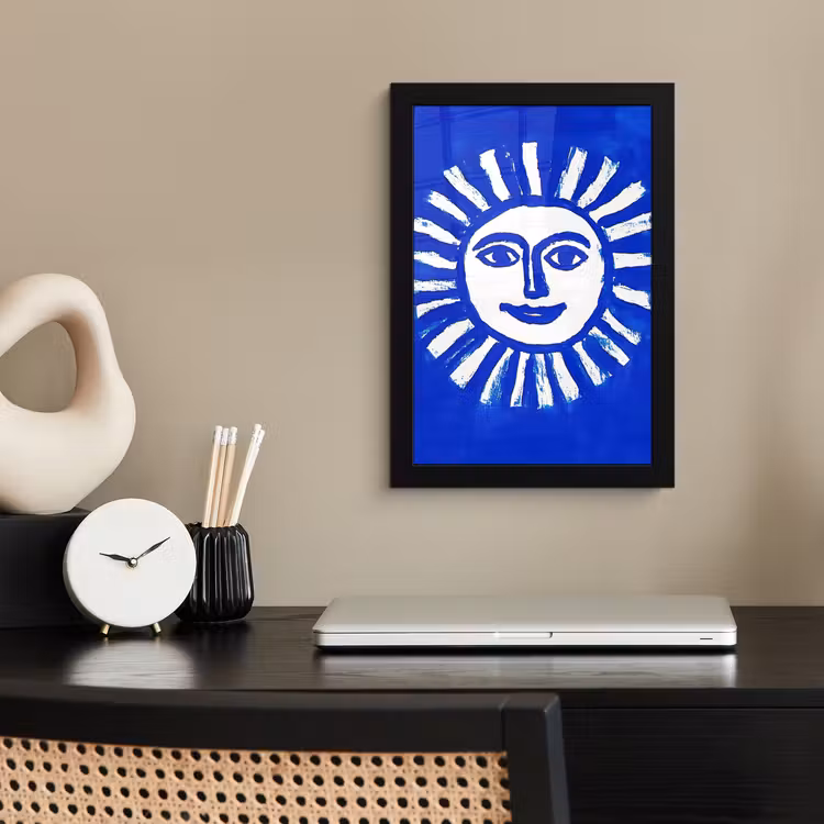 Zon - Gezicht - Penseelstructuur - Blauw fotolijst zwart zonder passe partout klein -sfeer1