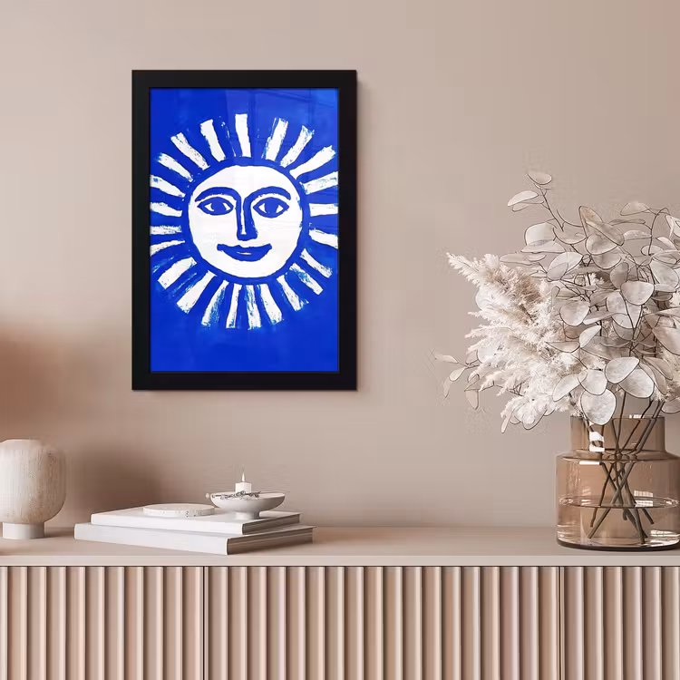 Zon - Gezicht - Penseelstructuur - Blauw fotolijst zwart zonder passe partout klein -sfeer5