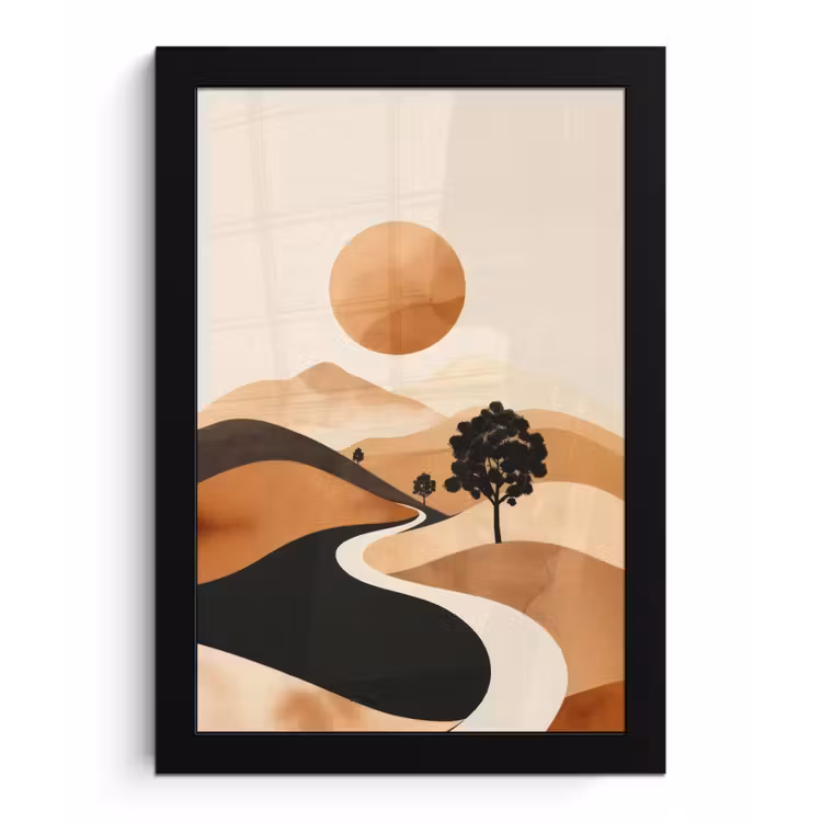 Zon - Heuvels - Boom - Abstract fotolijst zwart zonder passe partout klein -3d