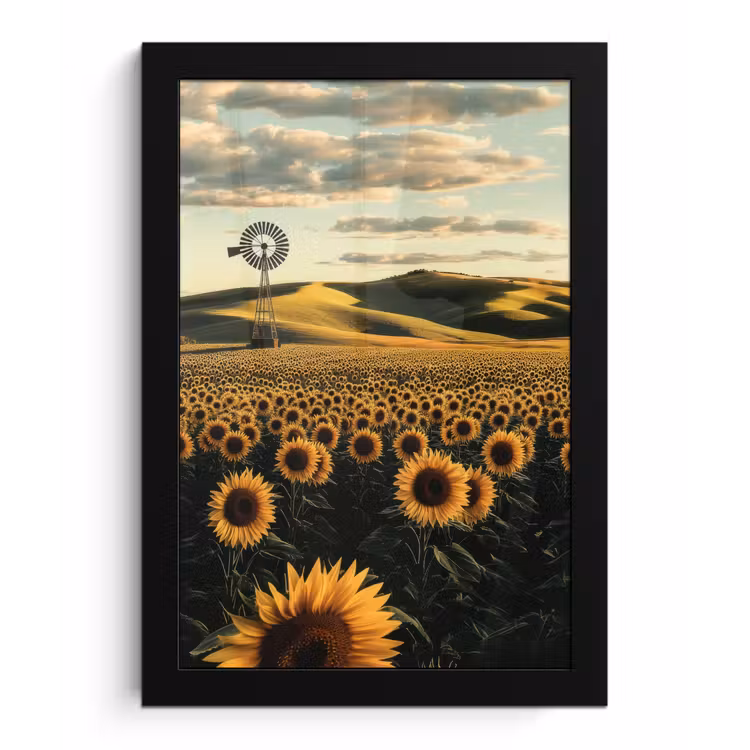 Zonnebloem - Veld - Windmolen fotolijst zwart zonder passe partout klein -3d