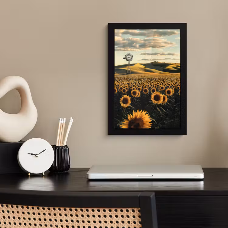 Zonnebloem - Veld - Windmolen fotolijst zwart zonder passe partout klein -sfeer1