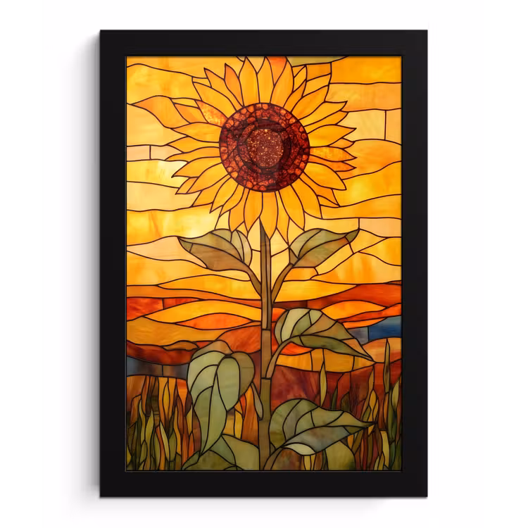 Zonnebloem - Mozaïek - Zonsondergang - Geel fotolijst zwart zonder passe partout klein -3d