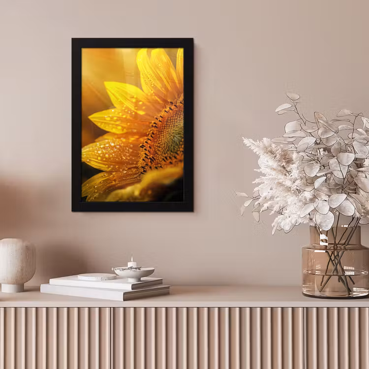 Zonnebloem - Dauwdruppels - Geel - Zonlicht fotolijst zwart zonder passe partout klein -sfeer5