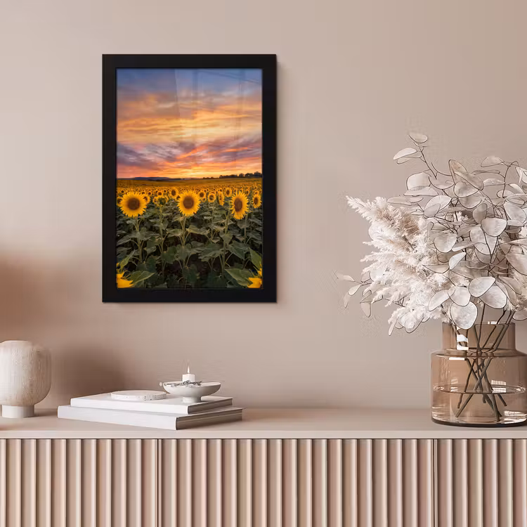 Zonnebloemen - Heuvellandschap - Geel fotolijst zwart zonder passe partout klein -sfeer5