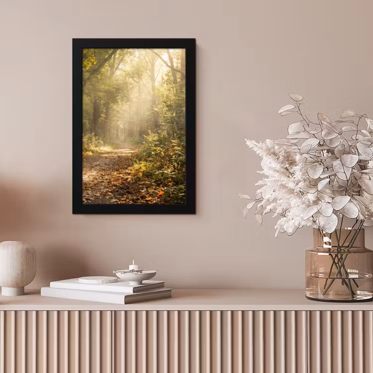 Zonlicht - Bospad - Bomen fotolijst zwart zonder passe partout klein -sfeer5