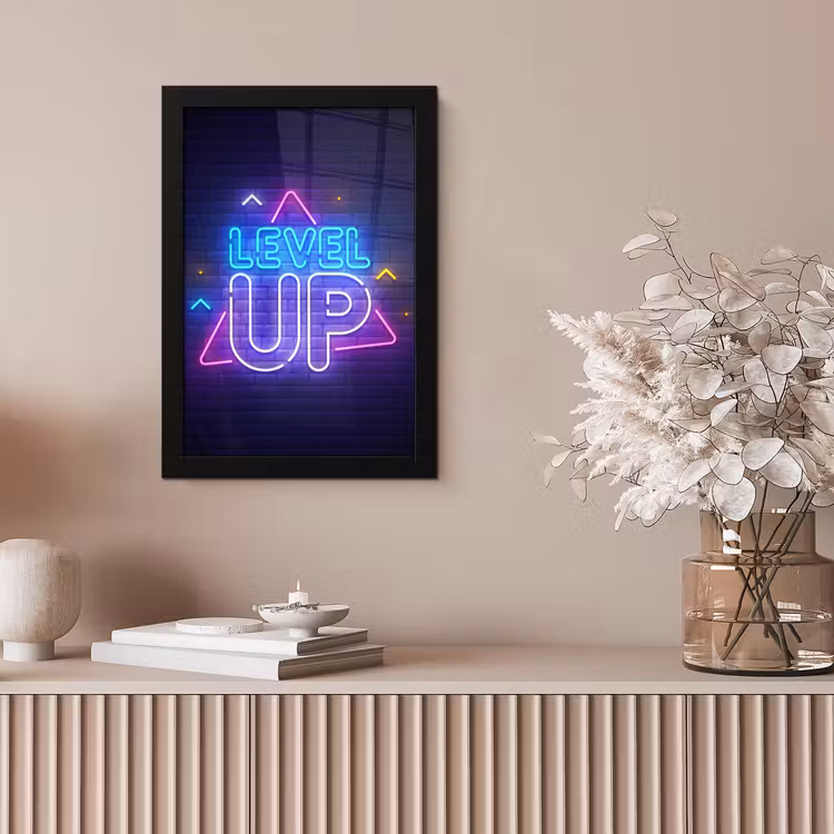 Gaming - Neon - Level Up - Quotes - Gamen fotolijst zwart zonder passe partout klein -sfeer5