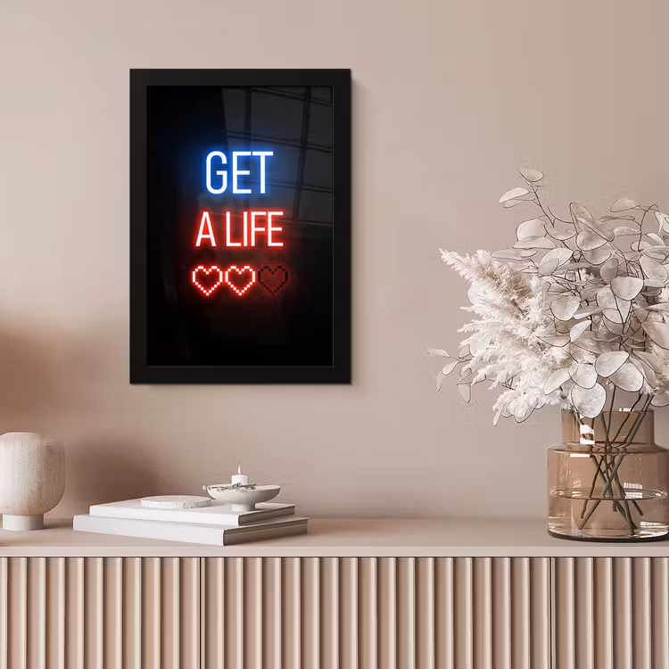 Gaming - Tekst - Get a life - Neon - Zwart fotolijst zwart zonder passe partout klein -sfeer5