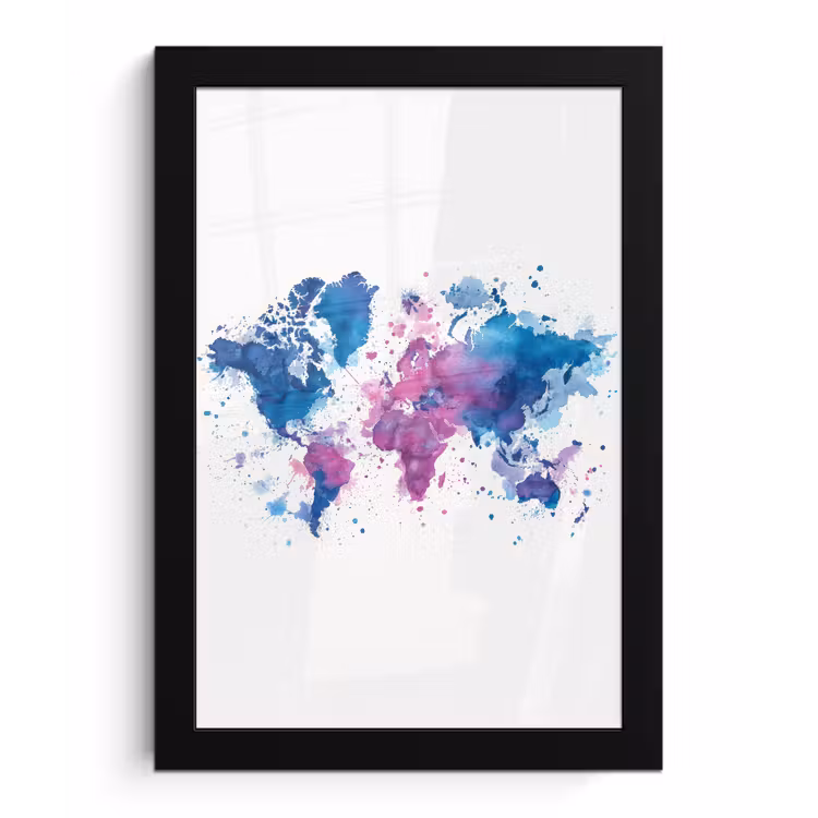 Spatten - Wereldkaart - Blauwtinten fotolijst zwart zonder passe partout klein -3d