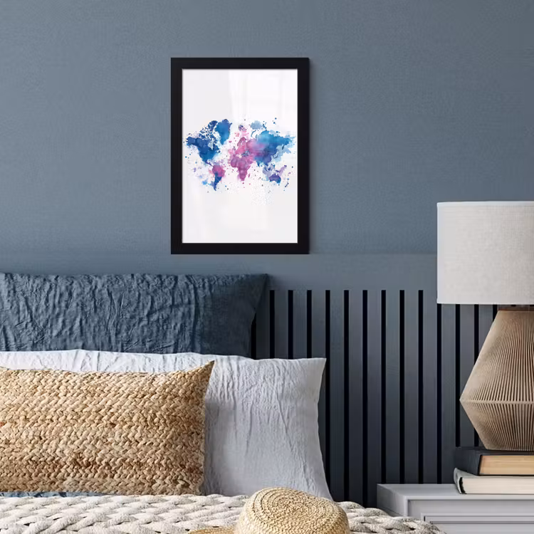 Spatten - Wereldkaart - Blauwtinten fotolijst zwart zonder passe partout klein -sfeer3