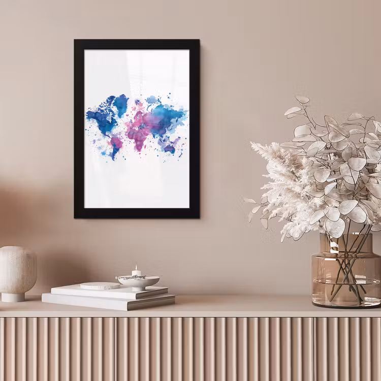 Spatten - Wereldkaart - Blauwtinten fotolijst zwart zonder passe partout klein -sfeer5