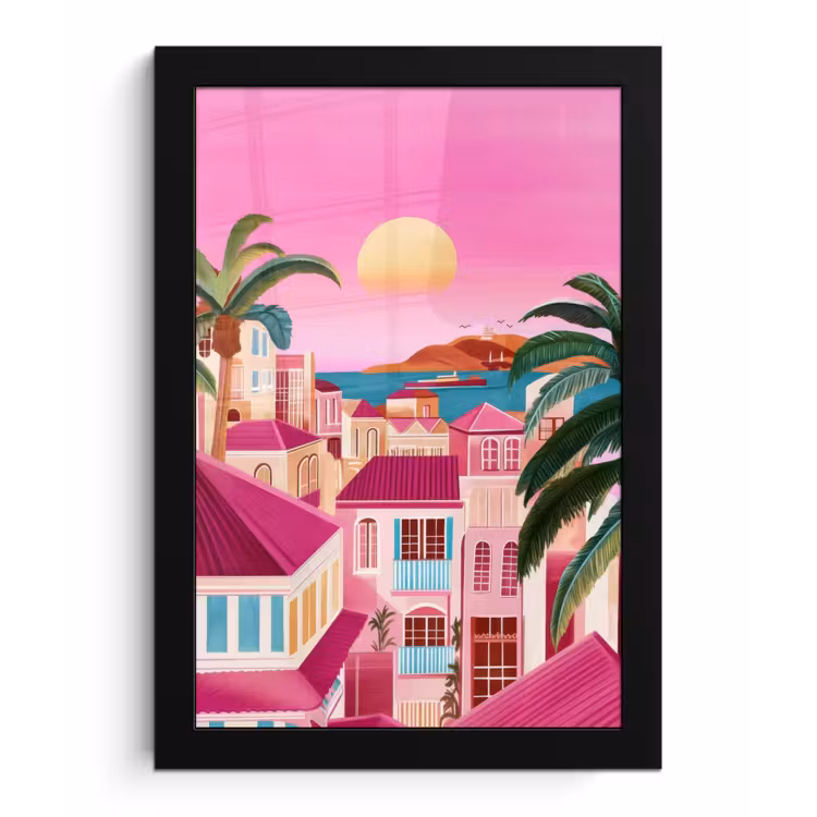 Stad - Roze - Palmbomen fotolijst zwart zonder passe partout klein -3d