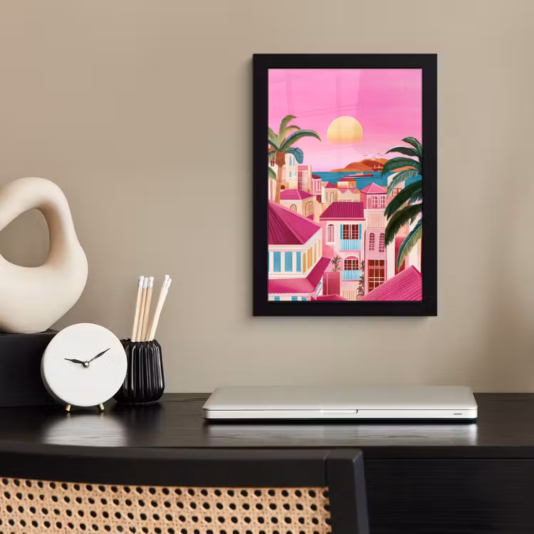 Stad - Roze - Palmbomen fotolijst zwart zonder passe partout klein -sfeer1