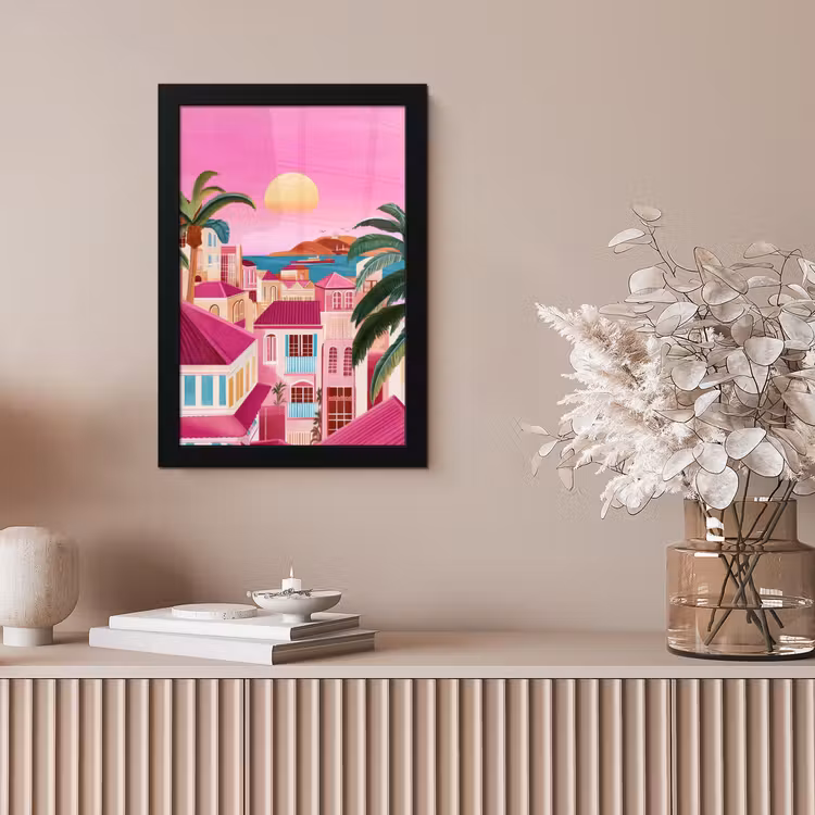 Stad - Roze - Palmbomen fotolijst zwart zonder passe partout klein -sfeer5