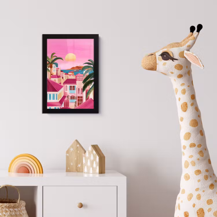 Stad - Roze - Palmbomen fotolijst zwart zonder passe partout klein -usfeer4_kinderkamer