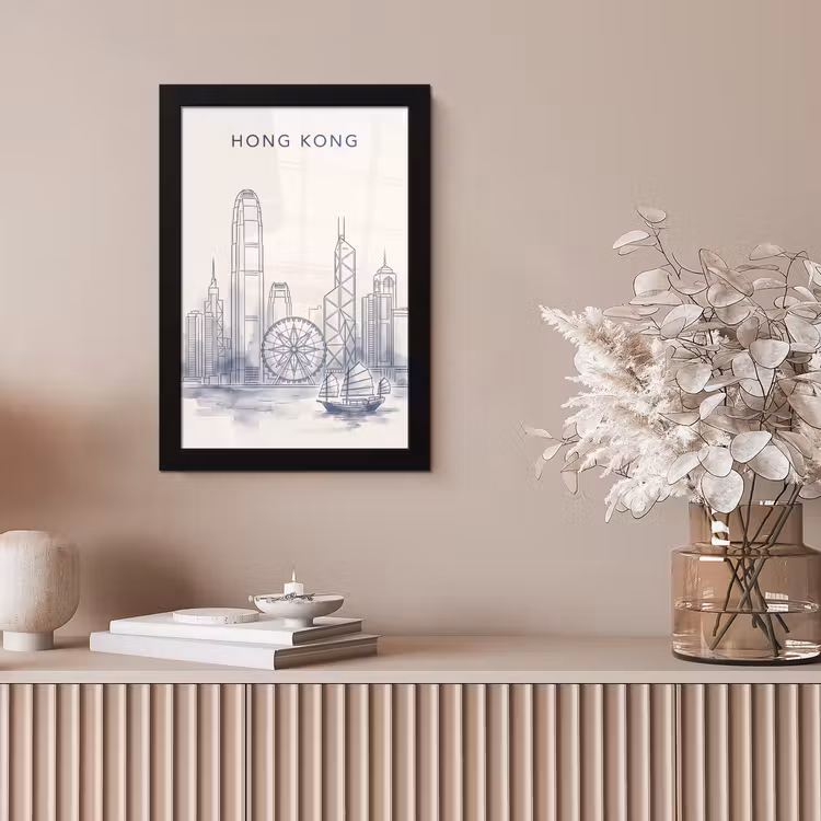 Stad - Skyline - Water - Lijntekening - Blauw fotolijst zwart zonder passe partout klein -sfeer5