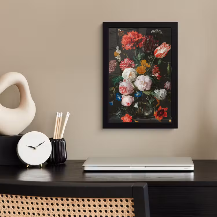 Stilleven met bloemen in een glazen vaas - Schilderij van Jan Davidsz. de Heem fotolijst zwart zonder passe partout klein -sfeer1