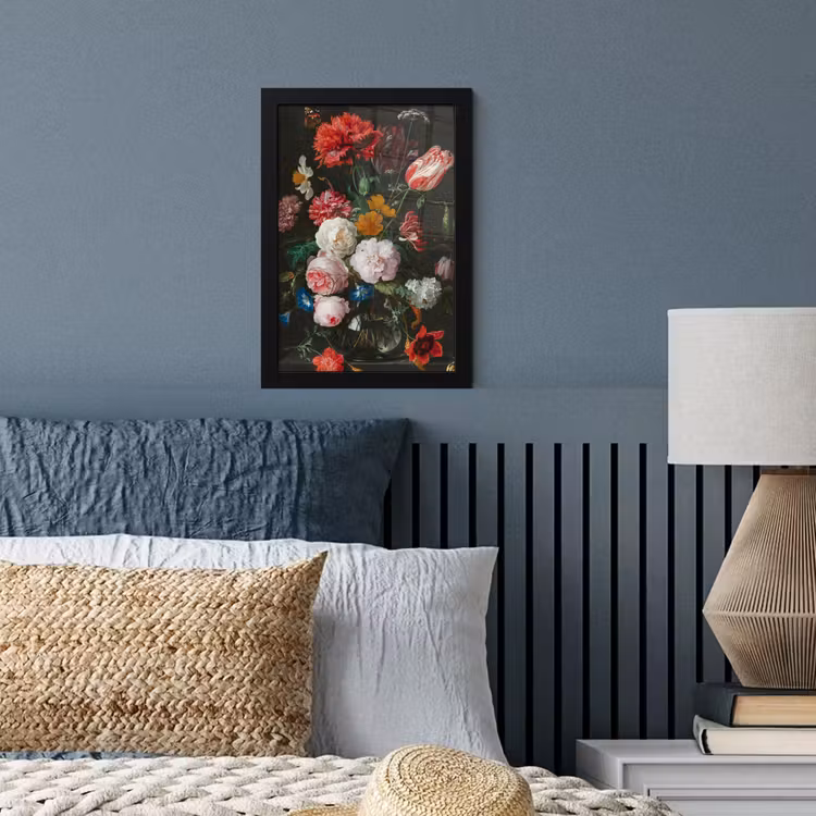Stilleven met bloemen in een glazen vaas - Schilderij van Jan Davidsz. de Heem fotolijst zwart zonder passe partout klein -sfeer3