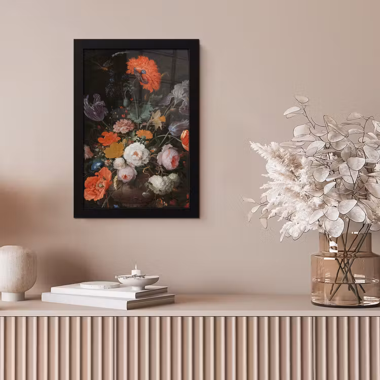 Stilleven met bloemen en een horloge - Schilderij van Abraham Mignon fotolijst zwart zonder passe partout klein -sfeer5