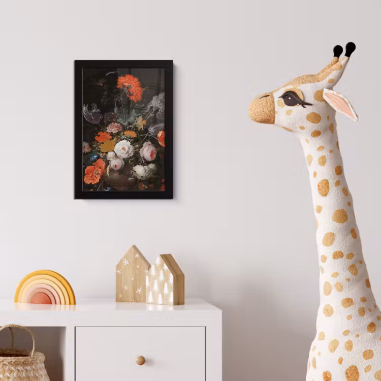 Stilleven met bloemen en een horloge - Schilderij van Abraham Mignon fotolijst zwart zonder passe partout klein -usfeer4_kinderkamer