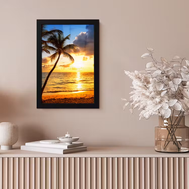 Strand - Horizon - Zonsondergang - Palmboom - Zee fotolijst zwart zonder passe partout klein -sfeer5