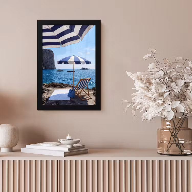 Strand - Ligstoel - Parasol - Zomer - Blauw fotolijst zwart zonder passe partout klein -sfeer5