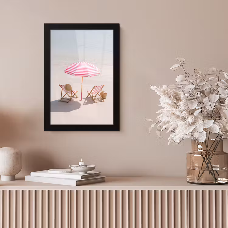 Strand - Parasol - Ligstoel - Zomer - Roze fotolijst zwart zonder passe partout klein -sfeer5
