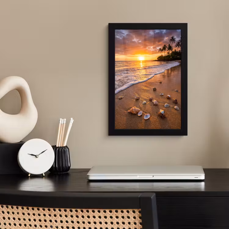 Strand - Zonsondergang - Palmbomen - Natuur - Oranje fotolijst zwart zonder passe partout klein -sfeer1