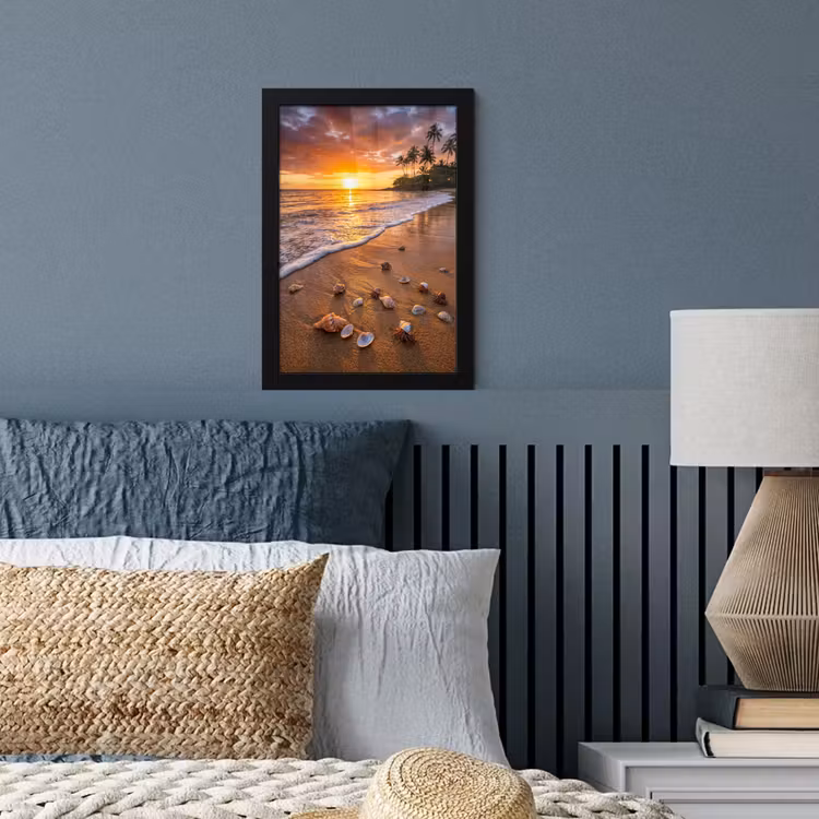 Strand - Zonsondergang - Palmbomen - Natuur - Oranje fotolijst zwart zonder passe partout klein -sfeer3
