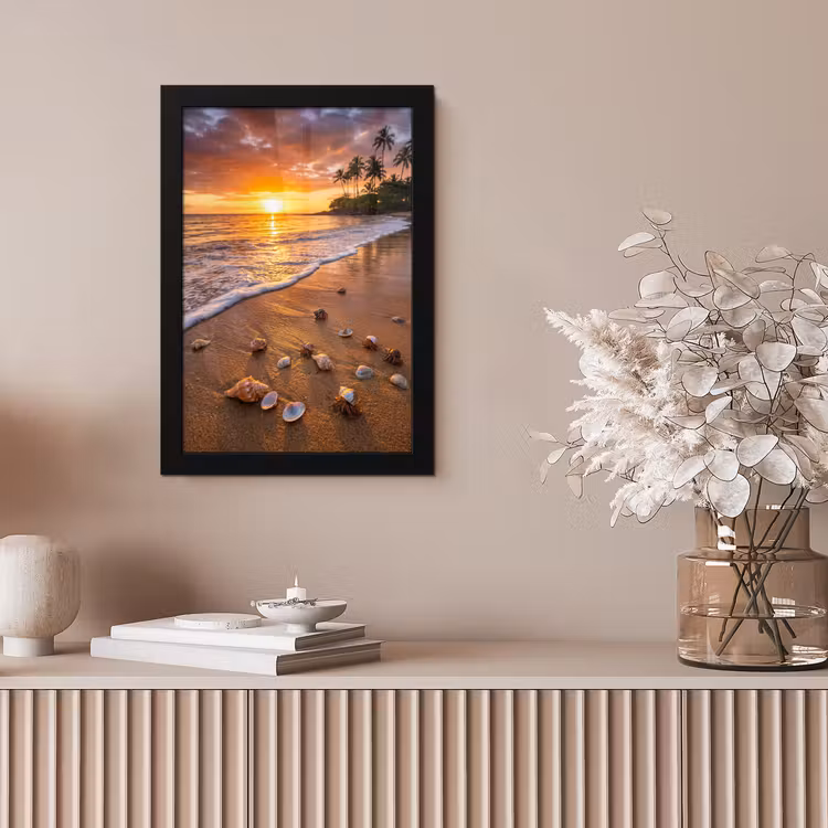 Strand - Zonsondergang - Palmbomen - Natuur - Oranje fotolijst zwart zonder passe partout klein -sfeer5