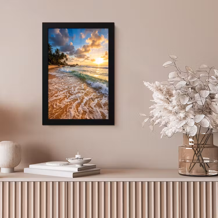 Strand - Zonsondergang - Golven - Natuur - Goud fotolijst zwart zonder passe partout klein -sfeer5