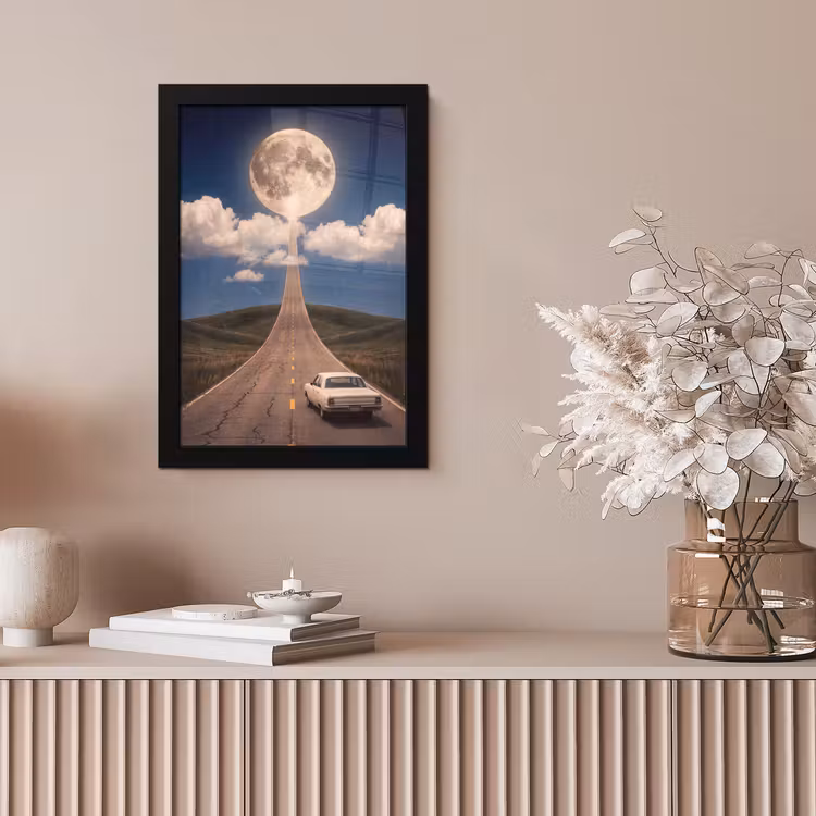 Bilder mit Rahmen - Straße – Mond – Nacht - Weg - Maan - Nacht fotolijst zwart zonder passe partout klein