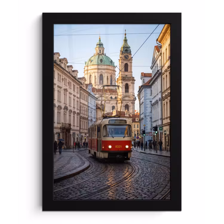 Tram - Straat - Stadsgezicht - Klassiek - Rood fotolijst zwart zonder passe partout klein -3d