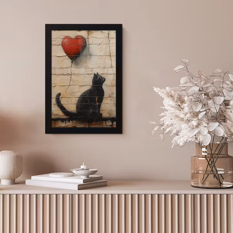 Street art - Kat - Ballon - Graffiti - Banksy fotolijst zwart zonder passe partout klein -sfeer5