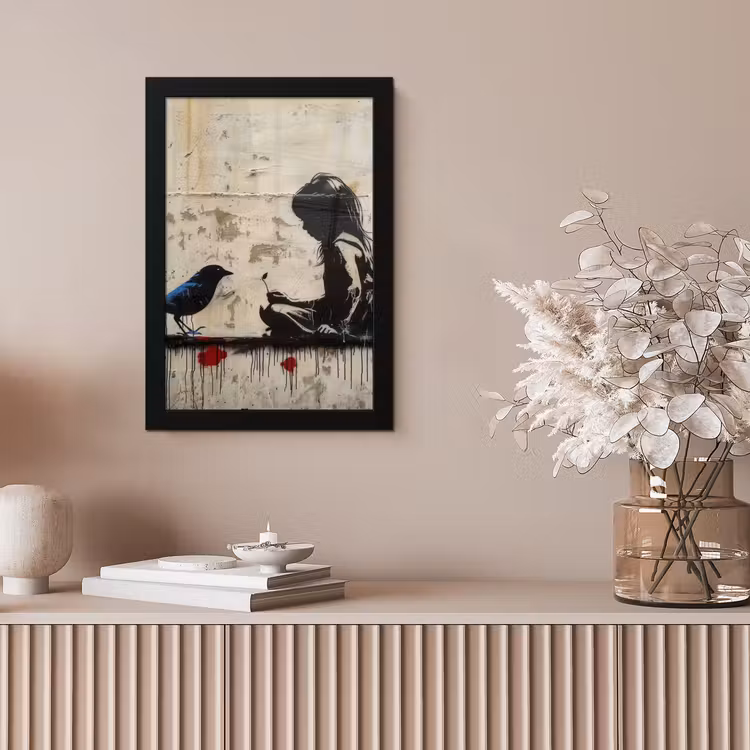 Street art - Meisje - Vogel - Graffiti - Banksy fotolijst zwart zonder passe partout klein -sfeer5