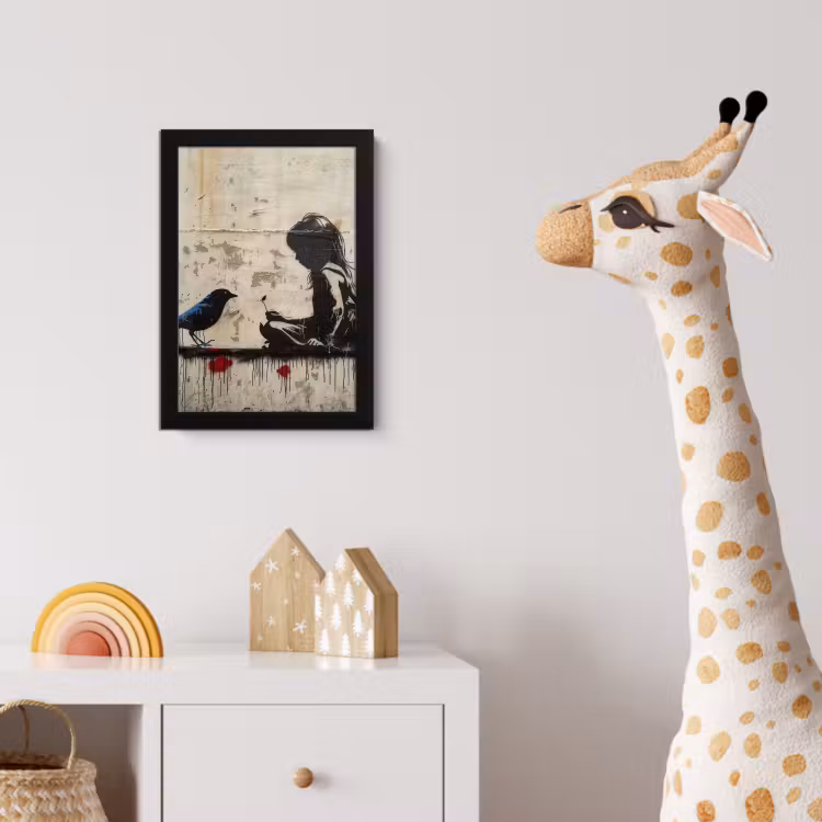 Street art - Meisje - Vogel - Graffiti - Banksy fotolijst zwart zonder passe partout klein -usfeer4_kinderkamer